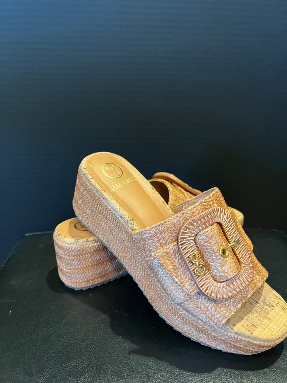 Sam & Libby Crysta Tan Woven Buckle Platform Mules